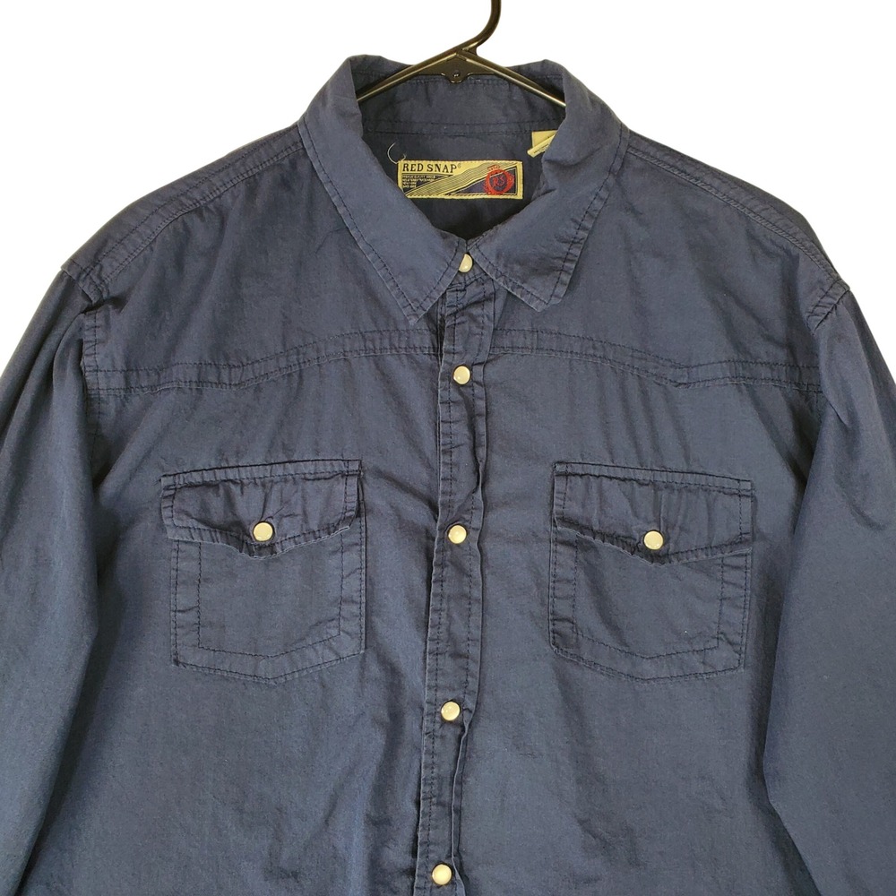 Red Snap Mens XL Western Pearl Snap Shirt Navy Blue Cotton Long Sleeve Utility